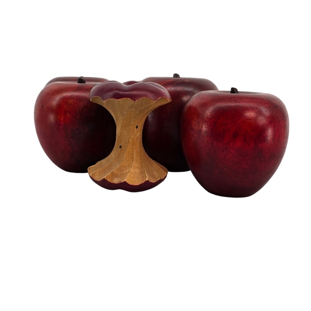 Vintage Hand Carved Wooden Red Apples Decor Set of 6 with Apple Core Centerpiece